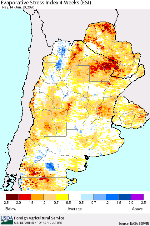 Southern South America Evaporative Stress Index (ESI), 4-Weeks Thematic Map For 6/8/2020 - 6/14/2020