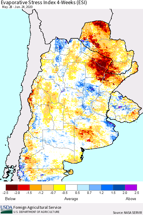 Southern South America Evaporative Stress Index (ESI), 4-Weeks Thematic Map For 6/22/2020 - 6/28/2020