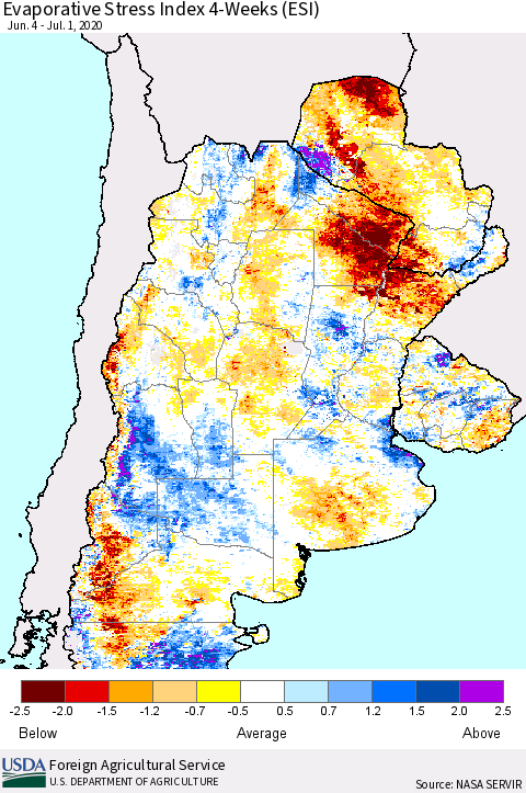 Southern South America Evaporative Stress Index (ESI), 4-Weeks Thematic Map For 6/29/2020 - 7/5/2020