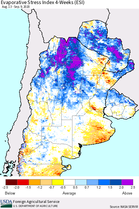 Southern South America Evaporative Stress Index (ESI), 4-Weeks Thematic Map For 9/7/2020 - 9/13/2020