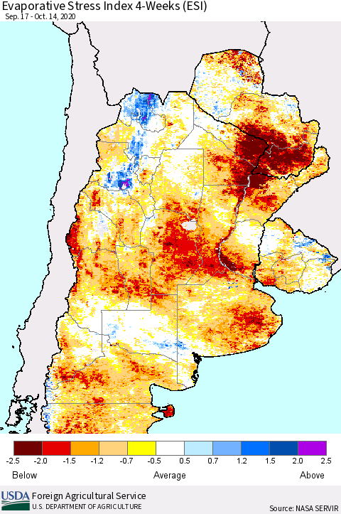 Southern South America Evaporative Stress Index (ESI), 4-Weeks Thematic Map For 10/12/2020 - 10/18/2020