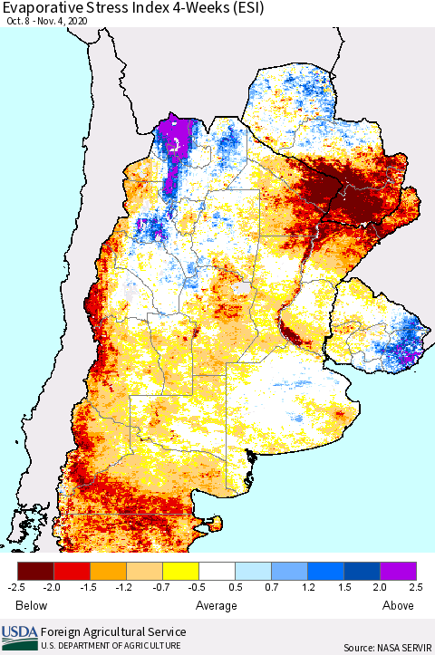 Southern South America Evaporative Stress Index (ESI), 4-Weeks Thematic Map For 11/2/2020 - 11/8/2020
