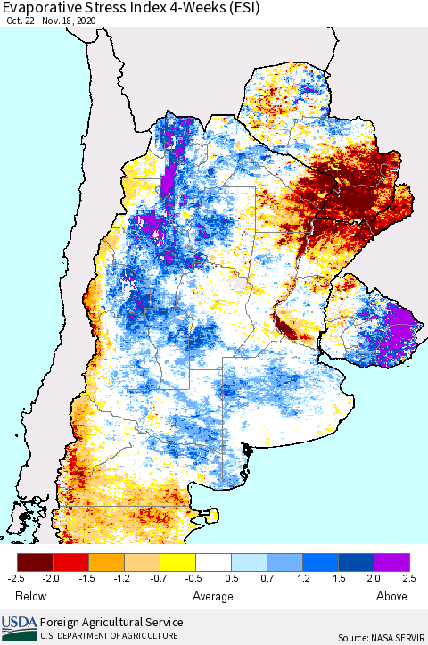 Southern South America Evaporative Stress Index (ESI), 4-Weeks Thematic Map For 11/16/2020 - 11/22/2020