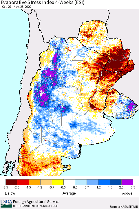 Southern South America Evaporative Stress Index (ESI), 4-Weeks Thematic Map For 11/23/2020 - 11/29/2020