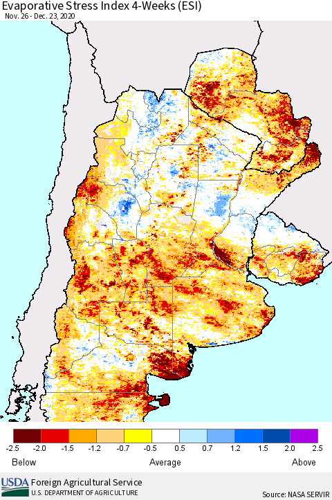 Southern South America Evaporative Stress Index (ESI), 4-Weeks Thematic Map For 12/21/2020 - 12/27/2020