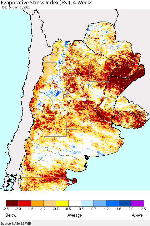 Southern South America Evaporative Stress Index (ESI), 4-Weeks Thematic Map For 12/28/2020 - 1/3/2021