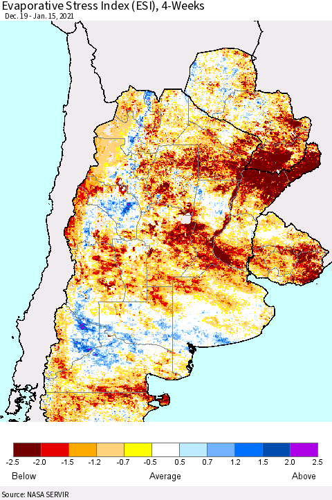 Southern South America Evaporative Stress Index (ESI), 4-Weeks Thematic Map For 1/11/2021 - 1/17/2021