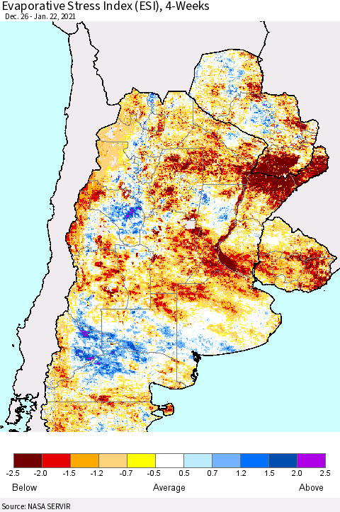 Southern South America Evaporative Stress Index (ESI), 4-Weeks Thematic Map For 1/18/2021 - 1/24/2021
