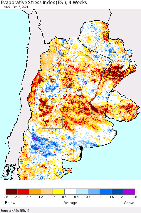 Southern South America Evaporative Stress Index (ESI), 4-Weeks Thematic Map For 2/1/2021 - 2/7/2021