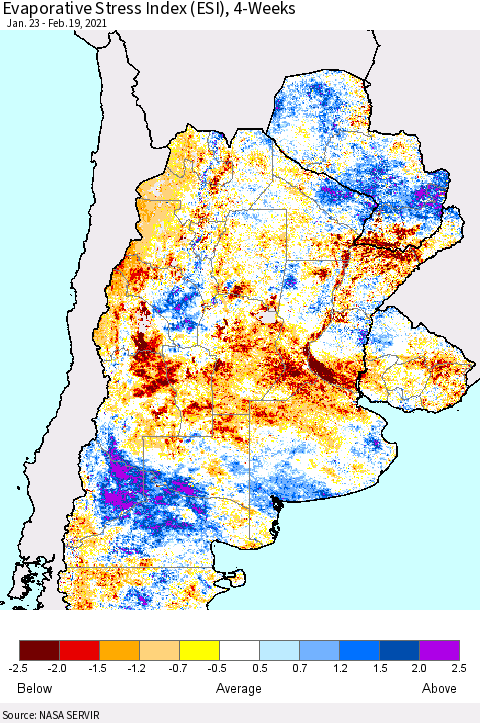 Southern South America Evaporative Stress Index (ESI), 4-Weeks Thematic Map For 2/15/2021 - 2/21/2021