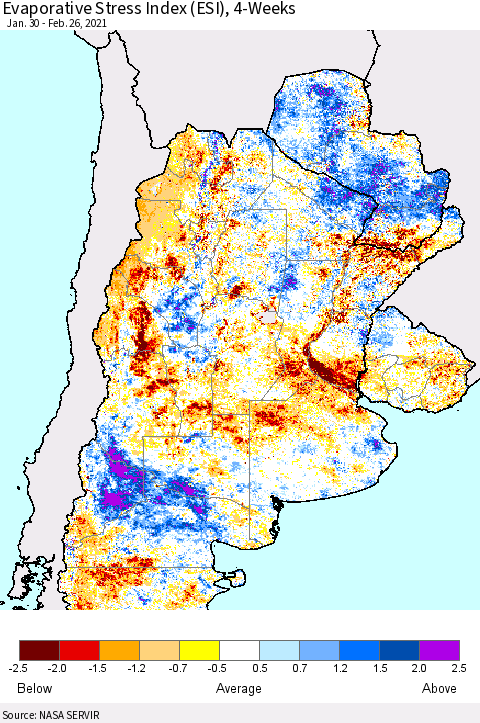 Southern South America Evaporative Stress Index (ESI), 4-Weeks Thematic Map For 2/22/2021 - 2/28/2021