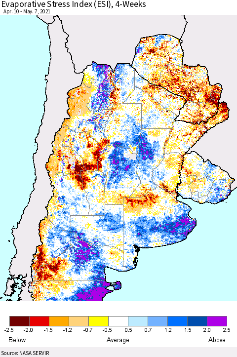 Southern South America Evaporative Stress Index (ESI), 4-Weeks Thematic Map For 5/3/2021 - 5/9/2021