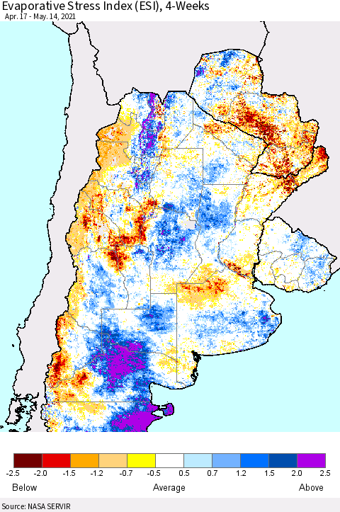 Southern South America Evaporative Stress Index (ESI), 4-Weeks Thematic Map For 5/10/2021 - 5/16/2021