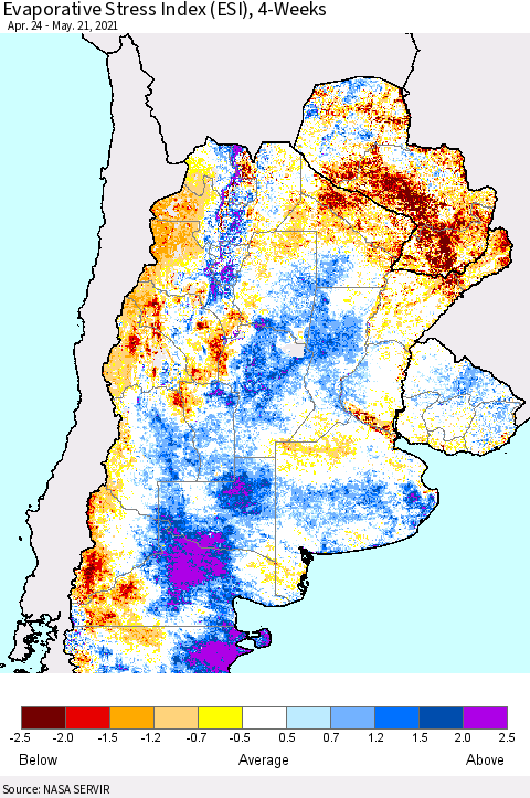 Southern South America Evaporative Stress Index (ESI), 4-Weeks Thematic Map For 5/17/2021 - 5/23/2021