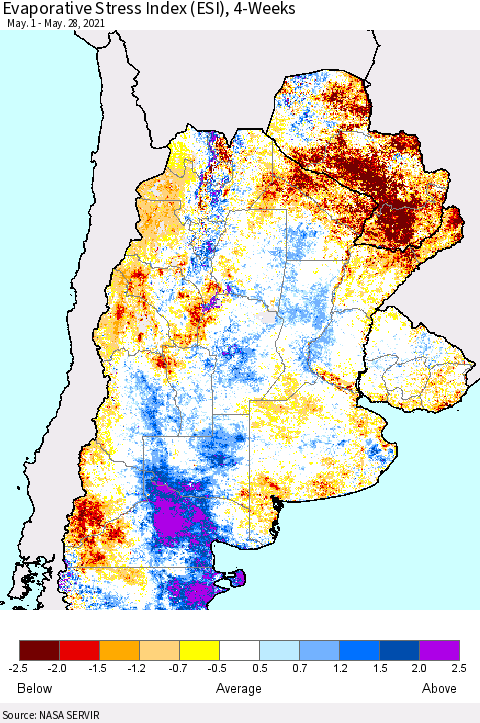 Southern South America Evaporative Stress Index (ESI), 4-Weeks Thematic Map For 5/24/2021 - 5/30/2021