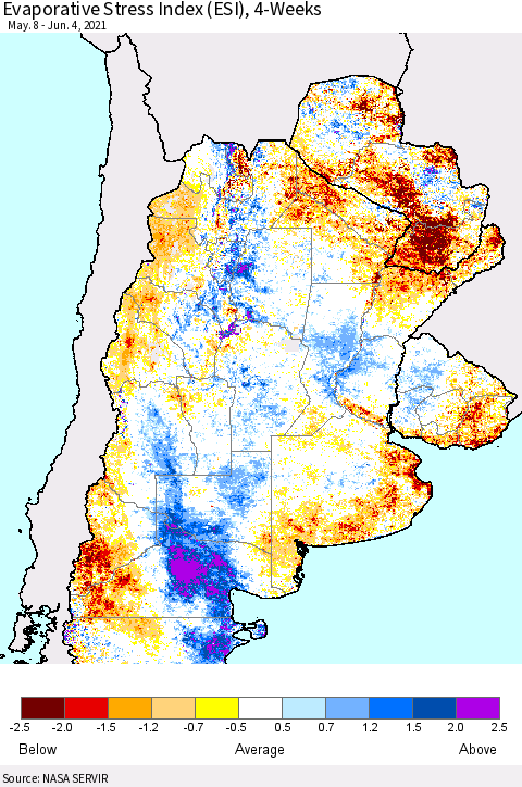 Southern South America Evaporative Stress Index (ESI), 4-Weeks Thematic Map For 5/31/2021 - 6/6/2021