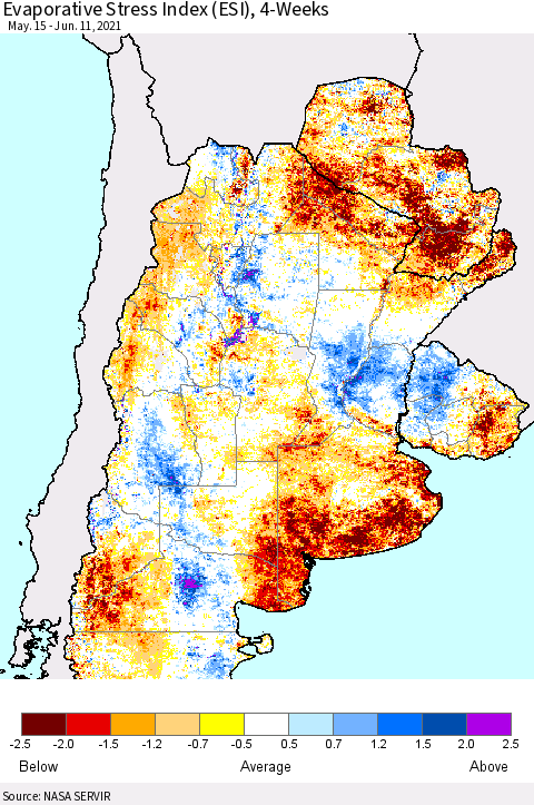 Southern South America Evaporative Stress Index (ESI), 4-Weeks Thematic Map For 6/7/2021 - 6/13/2021