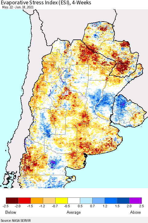 Southern South America Evaporative Stress Index (ESI), 4-Weeks Thematic Map For 6/14/2021 - 6/20/2021