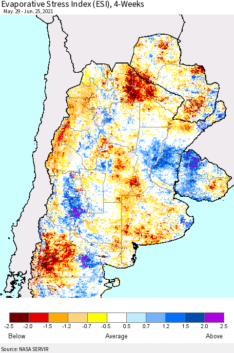 Southern South America Evaporative Stress Index (ESI), 4-Weeks Thematic Map For 6/21/2021 - 6/27/2021