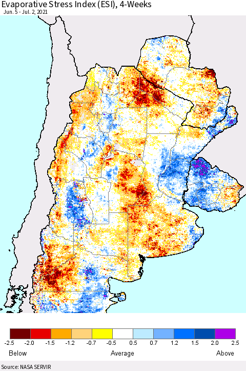 Southern South America Evaporative Stress Index (ESI), 4-Weeks Thematic Map For 6/28/2021 - 7/4/2021