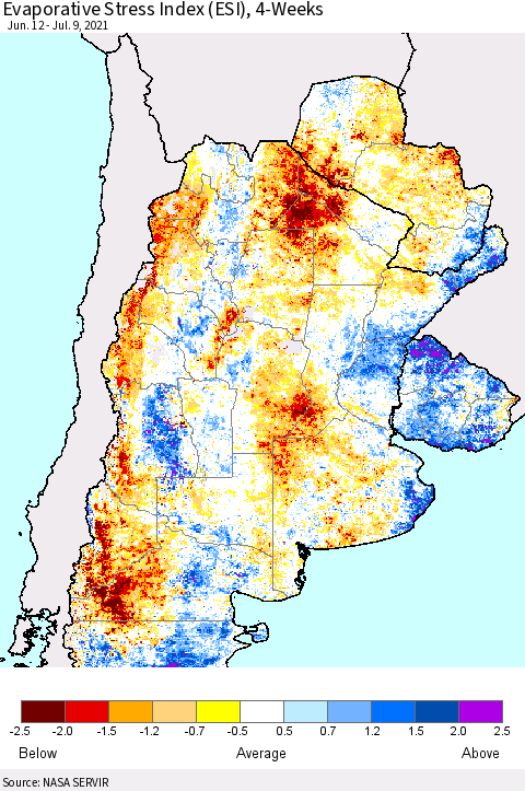 Southern South America Evaporative Stress Index (ESI), 4-Weeks Thematic Map For 7/5/2021 - 7/11/2021