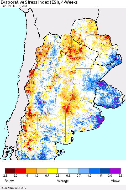 Southern South America Evaporative Stress Index (ESI), 4-Weeks Thematic Map For 7/12/2021 - 7/18/2021
