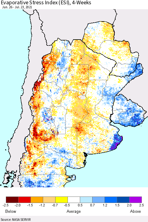 Southern South America Evaporative Stress Index (ESI), 4-Weeks Thematic Map For 7/19/2021 - 7/25/2021