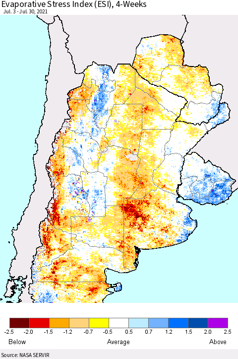 Southern South America Evaporative Stress Index (ESI), 4-Weeks Thematic Map For 7/26/2021 - 8/1/2021