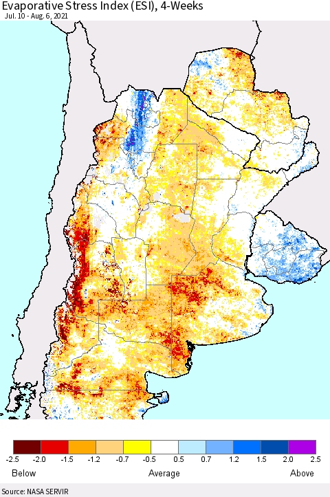 Southern South America Evaporative Stress Index (ESI), 4-Weeks Thematic Map For 8/2/2021 - 8/8/2021