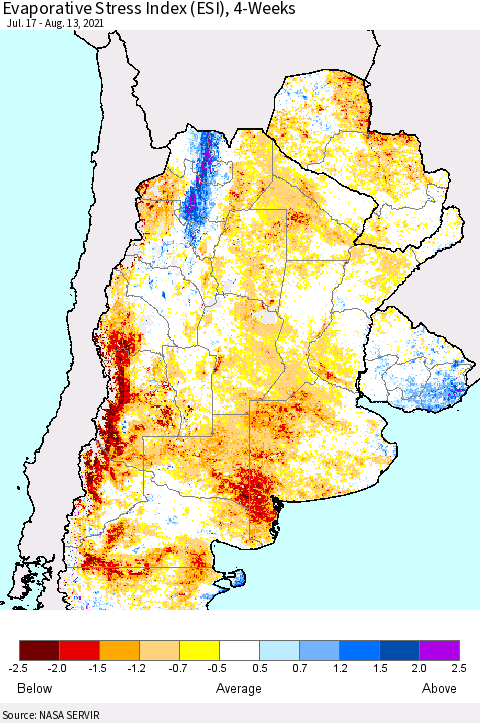 Southern South America Evaporative Stress Index (ESI), 4-Weeks Thematic Map For 8/9/2021 - 8/15/2021