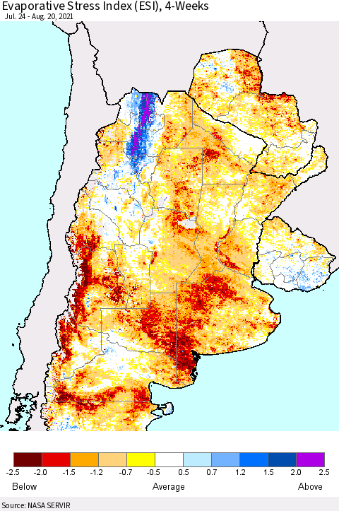 Southern South America Evaporative Stress Index (ESI), 4-Weeks Thematic Map For 8/16/2021 - 8/22/2021