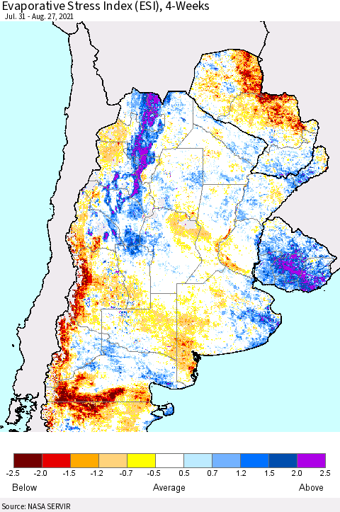 Southern South America Evaporative Stress Index (ESI), 4-Weeks Thematic Map For 8/23/2021 - 8/29/2021