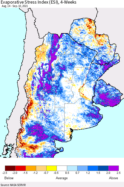 Southern South America Evaporative Stress Index (ESI), 4-Weeks Thematic Map For 9/6/2021 - 9/12/2021