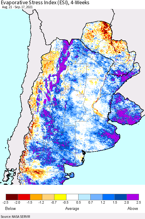 Southern South America Evaporative Stress Index (ESI), 4-Weeks Thematic Map For 9/13/2021 - 9/19/2021