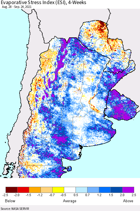 Southern South America Evaporative Stress Index (ESI), 4-Weeks Thematic Map For 9/20/2021 - 9/26/2021