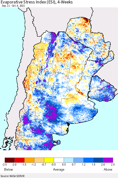 Southern South America Evaporative Stress Index (ESI), 4-Weeks Thematic Map For 10/4/2021 - 10/10/2021