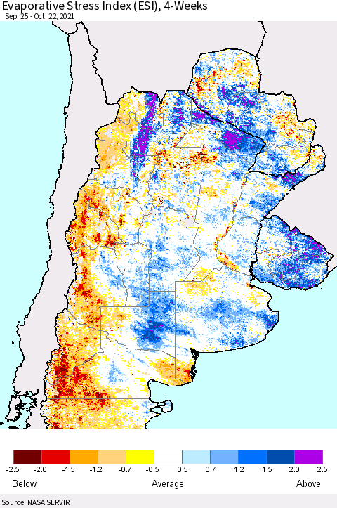 Southern South America Evaporative Stress Index (ESI), 4-Weeks Thematic Map For 10/18/2021 - 10/24/2021