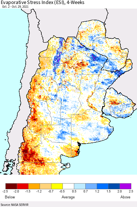 Southern South America Evaporative Stress Index (ESI), 4-Weeks Thematic Map For 10/25/2021 - 10/31/2021