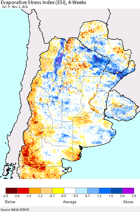 Southern South America Evaporative Stress Index (ESI), 4-Weeks Thematic Map For 11/1/2021 - 11/7/2021