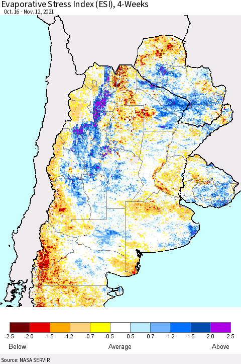 Southern South America Evaporative Stress Index (ESI), 4-Weeks Thematic Map For 11/8/2021 - 11/14/2021
