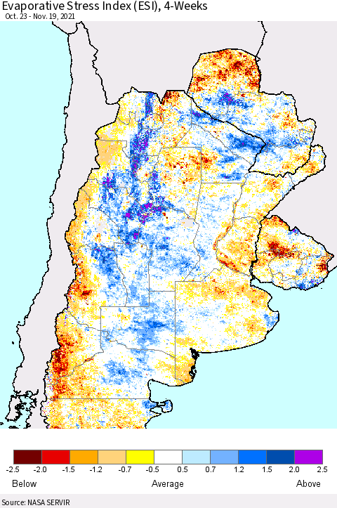 Southern South America Evaporative Stress Index (ESI), 4-Weeks Thematic Map For 11/15/2021 - 11/21/2021