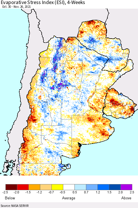 Southern South America Evaporative Stress Index (ESI), 4-Weeks Thematic Map For 11/22/2021 - 11/28/2021