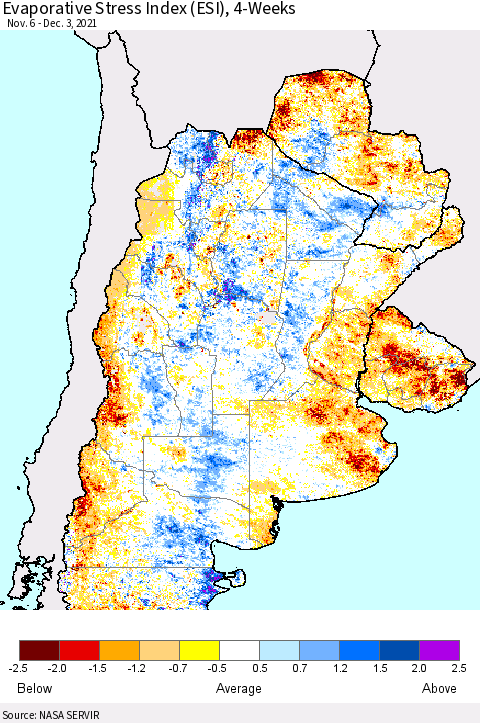 Southern South America Evaporative Stress Index (ESI), 4-Weeks Thematic Map For 11/29/2021 - 12/5/2021