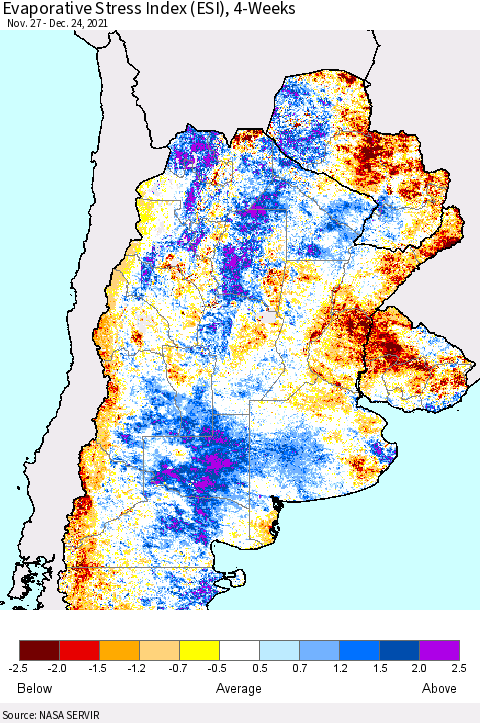 Southern South America Evaporative Stress Index (ESI), 4-Weeks Thematic Map For 12/20/2021 - 12/26/2021
