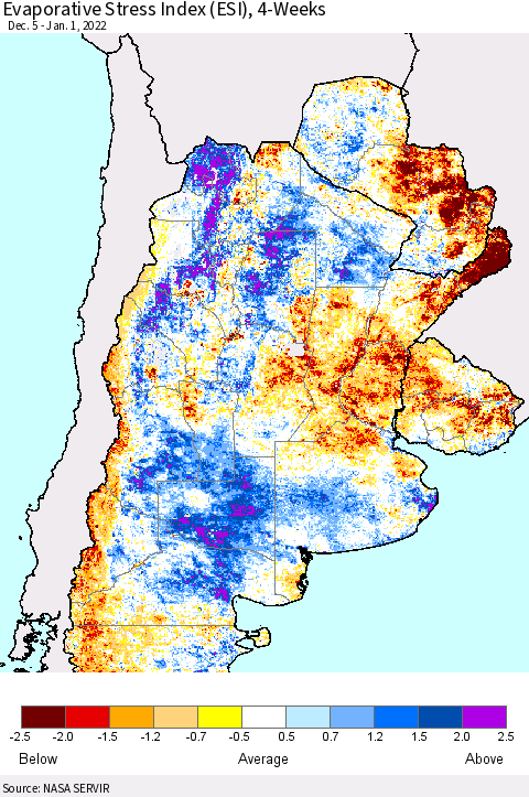 Southern South America Evaporative Stress Index (ESI), 4-Weeks Thematic Map For 12/27/2021 - 1/2/2022