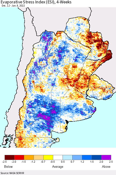 Southern South America Evaporative Stress Index (ESI), 4-Weeks Thematic Map For 1/3/2022 - 1/9/2022