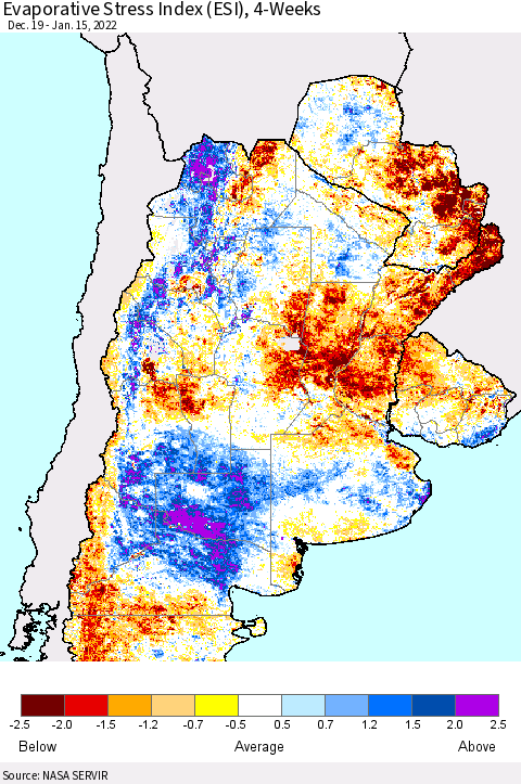 Southern South America Evaporative Stress Index (ESI), 4-Weeks Thematic Map For 1/10/2022 - 1/16/2022