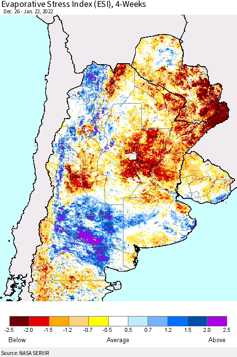 Southern South America Evaporative Stress Index (ESI), 4-Weeks Thematic Map For 1/17/2022 - 1/23/2022