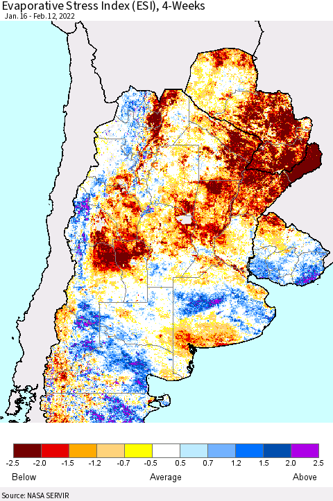 Southern South America Evaporative Stress Index (ESI), 4-Weeks Thematic Map For 2/7/2022 - 2/13/2022