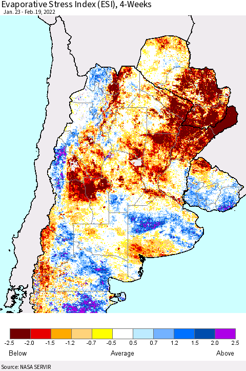 Southern South America Evaporative Stress Index (ESI), 4-Weeks Thematic Map For 2/14/2022 - 2/20/2022